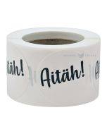 Белая наклейка с надписью "Aitah!" диаметром 40мм, в рулоне 250шт