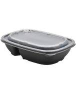 Reusable black 2-compartment food tray with transparent lid 650+250ml 23x17x5cm PP 50x machine washable, 50pcs