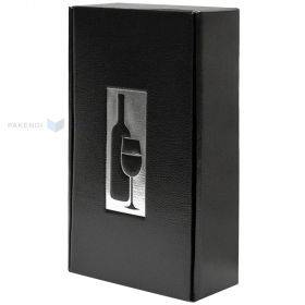 Чёрная подарочная коробка с изображением вина и бокала для двух бутылок вина 185х90х340мм