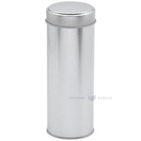 Silver metal box with lid with diameter 55mm with height 150mm