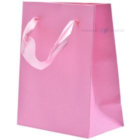 Pink paper bag with ribbon handles 11+6x14cm