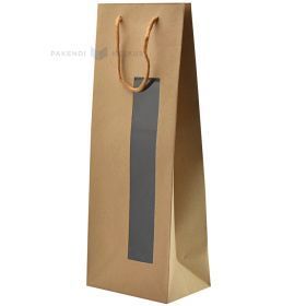 Brown paper bag for wine with window and rope handles 15+10x40cm