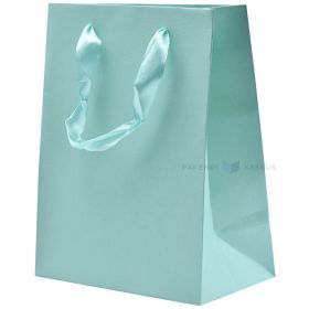 Greenish-blue paper bag with ribbon handles 18+10x23cm