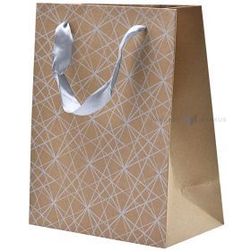 White pattern print craft paper bag with ribbon handles 18+10x23cm
