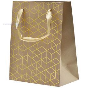 Golden rhombus print craft paper bag with ribbon handles 18+10x23cm