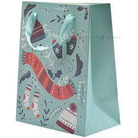 Hats and scarf print greenish-blue paper bag with ribbon handles 18+10x23cm