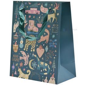 Mystical animals print bluish paper bag with ribbon handles 18+10x23cm