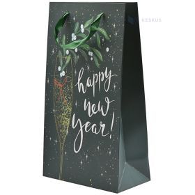 Goblet and mistletoe print green paper bag with ribbon handles 20+10x35cm