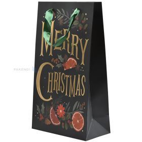 Orange slices and Merry Christmas print black paper bag with ribbon handles 20+10x35cm