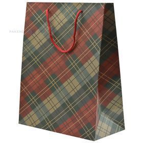 Green-red-beige squares print craft paper bag with rope handles 26+12x32cm