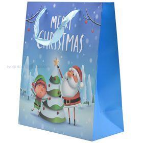 Santa and elf decorating tree print blue paper bag with ribbon handles 26+12x32cm
