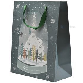 Forest and mountain inside snowfall print bluish paper bag with ribbon handles 26+12x32cm