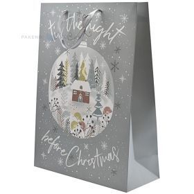 Forest and house inside bubble print grey paper bag with ribbon handles 30+12x40cm