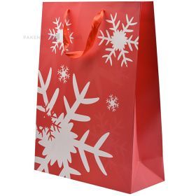White snowflakes print red paper bag with ribbon handles 30+12x40cm
