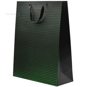 Green dots print black paper bag with ribbon handles 40+15x50cm