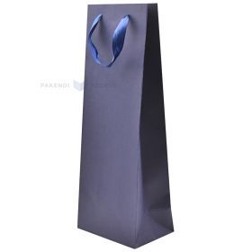 Dark blue paper bag with ribbon handles for wine 15+10x40cm
