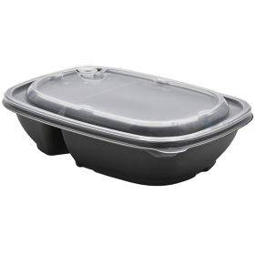 Reusable black 2-compartment food tray with transparent lid 650+250ml 23x17x5cm PP 50x machine washable, 50pcs