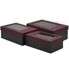 Black gift boxes with dark red lids with windows, 3pcs/set