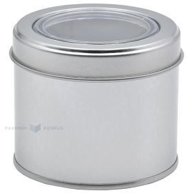 Silver metal box with lid with window with diameter 73mm with height 60mm