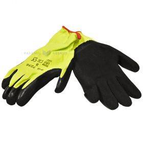 Neon yellow polyester gloves on palm scabrous latex nr. 8