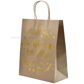 Golden Merry Christmas print brown paper bag with twisted paper handles 26+12x32cm