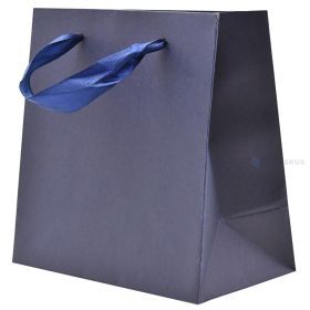 Dark blue paper bag with ribbon handles 15+8x15cm
