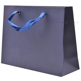 Dark blue paper bag with ribbon handles 22+7x16cm