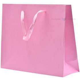 Pink paper bag with ribbon handles 25+8x20cm