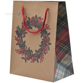 Green-red wreath print craft paper bag with rope handles 18+10x23cm