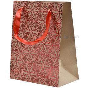 Red relief flowers print craft paper bag with ribbon handles 18+10x23cm