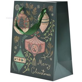 Ornaments print green paper bag with ribbon handles 18+10x23cm