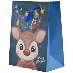 Pink deer print blue paper bag with ribbon handles 18+10x23cm