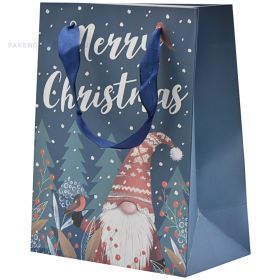 Elf and trees print blue paper bag with ribbon handles 18+10x23cm