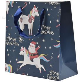Santa and unicorns print blue paper bag with ribbon handles 20+8x20cm