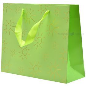 Suns print green paper bag with ribbon handles 25+8x25cm