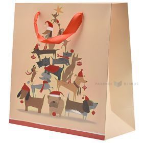 Tree made of dogs print beige paper bag with ribbon handles 25+10x25cm