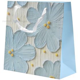 Light blue flowers print white paper bag with ribbon handles 25+10x25cm