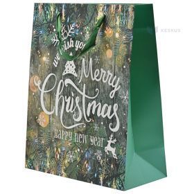 Tree background Merry Christmas print paper bag with ribbon handles 26+12x32cm
