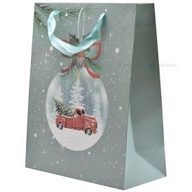 Red car inside bubble print greenish-blue paper bag with ribbon handles 26+12x32cm
