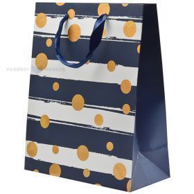 White-blue stripes and golden dots print paper bag with ribbon handles 26+12x32cm