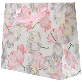 Pink and grey flowers print white paper bag with ribbon handles 26+11x32cm