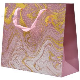 Pink marble print paper bag with ribbon handles 32+11x26cm