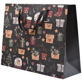 Presents and trees print black paper bag with ribbon handles 41+13x31cm