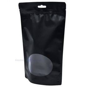 Matte black stand-up pouch with window 18+(2x4,5)x25,5cm, 50pcs/pack