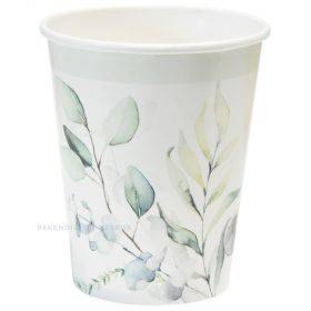 Paper cup with with green eucalipt leaves print 250ml, 8pcs/pack