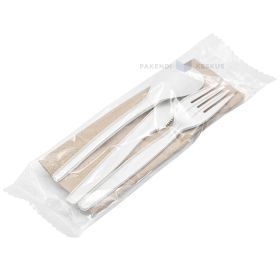 Separately packed CPLA fork, knife, soup spoon and napkin